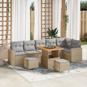 Conjunto de Sofá de Jardim de 9 Peças com Almofadas Bege em Polirattan