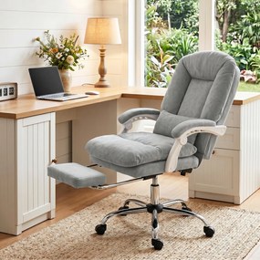 Cadeira de escritório ergonómica, cadeira de escritório reclinável em veludo com apoio lombar, altura ajustável, cinzento claro