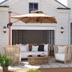 Chapéu de Sol Excêntrico 300x198x252 cm com Manivela Inclinação Ajustável Duplo Teto e Base Cruzada Giratória 360° Caqui