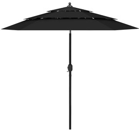 Guarda-sol de jardim 3 camadas c/ poste de alumínio 2,5 m preto