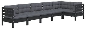 6 pcs conjunto lounge de jardim c/ almofadões pinho preto