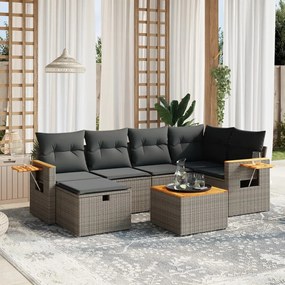 7 pcs conjunto sofás p/ jardim c/ almofadões vime PE cinzento
