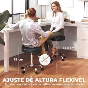 Banco Giratório com Rodas e Altura Ajustável em Pele Sintética com Assento Acolchoado para Spa Escritório e Estúdio de Tatuagens Preto