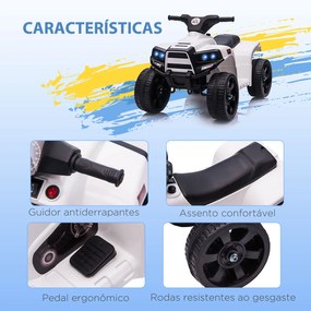 Moto 4 Elétrico para Crianças 6V Faróis Buzina Velocidade -3km/h Avanço e Recuo 65x40x43 cm Branco