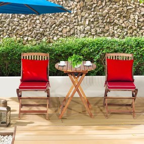 Conjunto 5 Peças Móveis Bistro de Madeira 2 Cadeiras com Almofada Mesa de Madeira de Acácia Mesa de Exterior Dobrável para Terraço Jardim Piscina Verm