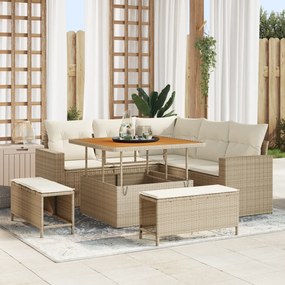 Conjunto de Sofá de Jardim de 8 Peças com Almofadas Bege em Rattan Polimérico de Acácia
