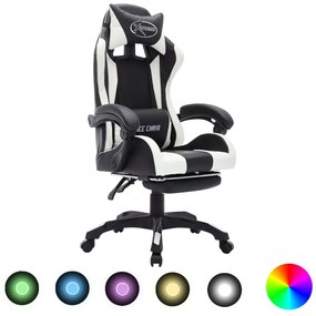 Cadeira estilo corrida luzes LED RGB couro artif. branco/preto