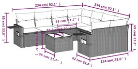 9 pcs conjunto sofás p/ jardim c/ almofadões vime PE castanho