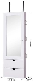 HOMCOM Espelho com Móvel de Bijuterias de Parede ou Porta Armário Porta Jóias com Altura Ajustável 2 Prateleiras Fechadas com Portas e Organizador de Jóias 35,5x9,5x102cm Branco