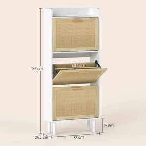 Sapateira com 3 portas basculantes e prateleira com efeito de resina trançada, estilo boémio, 65 x 24,5 x 153 cm, branco