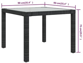 Mesa de jardim 90x90x75 cm vidro temperado e vime PE preto