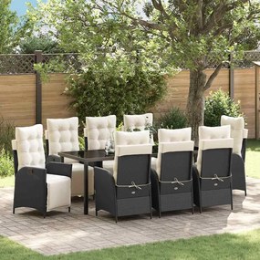 vidaXL Conjunto de Jantar para Jardim com almofada com travesseiro 9 pcs Preto