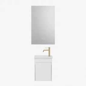 Conjunto De Móvel De Casa De Banho Suspenso Em Madeira Com Lavatório Integrado Narek Branco & Dourado Escovado ↑20 Cm Com Válvula De Drenagem Sem Extr