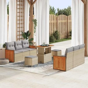 Conjunto de Sofás de Jardim vidaXL de 9 Peças com Almofadas em Vime Bege e Acácia