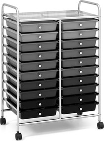 Carrinho auxiliar de armazenamento 64 x 39 x 88 cm com 4 rodas, 20 gavetas 2 rodas com travões, estrutura metálica preta
