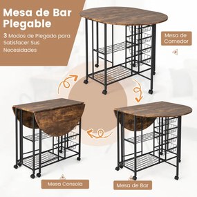 Conjunto de mesa e cadeiras dobráveis ​​de 3 peças, mesa dobrável versátil com 2 prateleiras, 2 bancos para cozinha, sala de jantar, bar, Castanho Esc