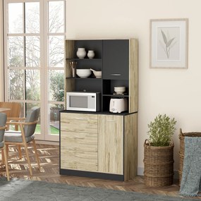 Aparador de cozinha com armário de cozinha com vários compartimentos: 2 portas, 3 gavetas, 3 prateleiras + tabuleiro grande; 90 x 39 x 169 cm; bicolor