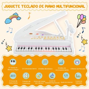 Piano Eletrónico para Crianças com 37 Teclas, Banco e Microfone LED, Modo de Ensino, Função de Gravação e Reprodução, Branco