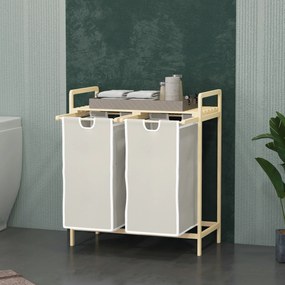 Cesto de roupa suja em bambu com 2 cestos removíveis e deslizantes em tecido não tecido 63,5 x 33 x 73 cm creme
