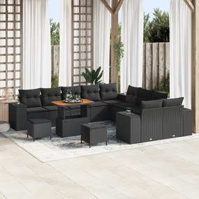 Conjunto de Sofá de Jardim de 13 Peças com Almofadas Preto Rattan de P