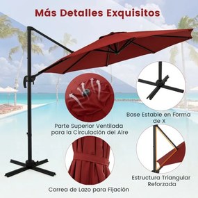 Guarda-sol redondo jardim 294 x 247 cm Guarda-sol suspenso com rotação de 360° Base cruzada 5 inclinações ajustáveis Cor de vinho