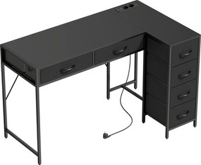 HOMCOM Escrivaninha de Canto com 6 Gavetas Gancho Lateral e Tomadas Integradas em Madeira e Aço 126x48x80 cm Preto | Aosom Portugal