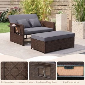 Cama de jardim ou conjunto de sofá de rattan para jardim, 2 peças, com pufe com espaço de arrumação, encosto ajustável e mesas dobráveis, cinzento