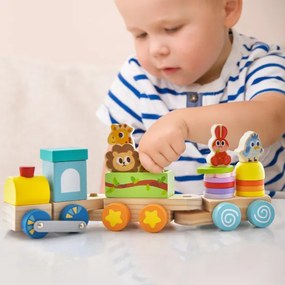 Conjunto de comboio educacional com brinquedos de animais, blocos empilháveis, carros de madeira divertidos para mais de 3 anos