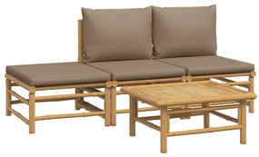 4 pcs conj. lounge jardim bambu c/ almofadões cinza-acastanhado