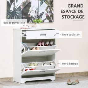 Sapateira com 2 gavetas rebatíveis, prateleira ajustável + 1 gaveta com capacidade para até 16 pares, 70 L x 29 L x 92 A, Branco
