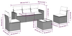 6 pcs conjunto de sofás jardim c/ almofadões vime PE castanho