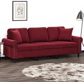 vidaXL Sofá 3 lug. c/ almofadas/almofadões 180cm veludo vermelho tinto