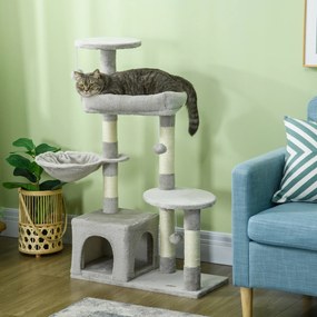 Arranhador para Gatos com Postes Arranhadores de Sisal Cova Plataformas e Bolas Suspensas 65x30x104 cm Cinzento Claro