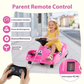 Kart elétrico para crianças 12V com esfregona removível, comando à distância de 3 velocidades, buzina, música, 79 x 46 x 37 cm, rosa