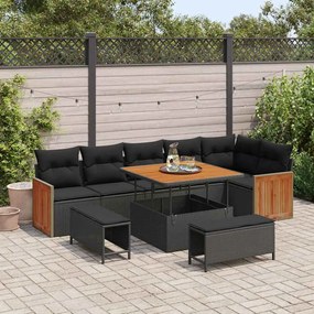 Conjunto de Sofás de Jardim de 9 Peças com Almofadas Rattan Preto Acácia