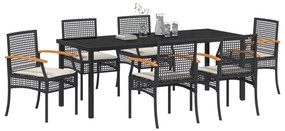 Conjunto de Jantar de Jardim de 7 Peças com Almofadas Preto Vime PE