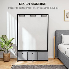 Guarda Roupa com barra para cortinas 105 x 48 x 160 cm, 3 compartimentos abertos e 3 gavetas de tecido removíveis, preto, cinzento