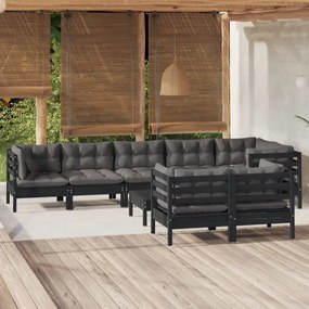 vidaXL 9 pcs conjunto lounge jardim c/ almofadões pinho maciço preto
