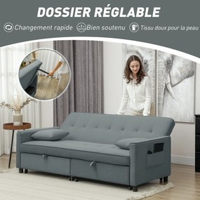 Sofá-cama de 3 lugares, reversível, com encosto ajustável e almofadas, 196 x 90 x 89 cm, cinzento
