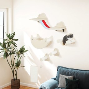 Conjunto de Prateleiras de Escalada para Gatos de 6 Peças com Rede Plataformas Escadas Tábua de Arranhar e Poste de Sisal Bege