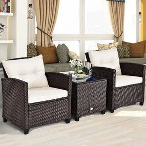 Conjunto Jardim de 3 peças 2 sofás e 1 Mesa com almofadas laváveis para jardim, piscina, varanda Castanho e Branco