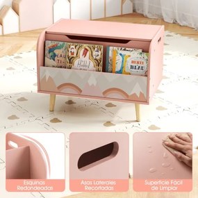 Estante organizadora de brinquedos em madeira 60 x 40 x 43 cm com tampa rebatível e dobradiça de segurança rosa