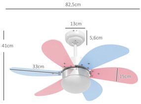 Ventoinha de Teto com Luz 34W Ø82,5 cm com 6 Lâminas Reversíveis Controlo Remoto 6 Velocidades e Temporizador Multicolor