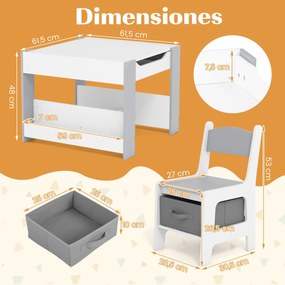 Conjunto de mesa e cadeira para crianças Mesa de actividades 4 em 1 para crianças com tampo reversível Estantes e caixas Cinzento