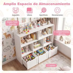 Estante infantil para brinquedos 100 x 33 x 90 cm com 5 compartimentos abertos e 3 gavetas móveis – Organizador de brinquedos com rodas para sala de j