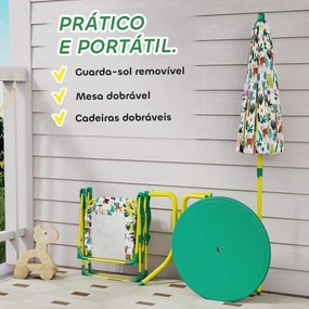 Conjunto de Assentos Infantis Conjunto de 4 Peças com Guarda-sol Removível Mesa Infantil com 2 Cadeiras Dobráveis Verde