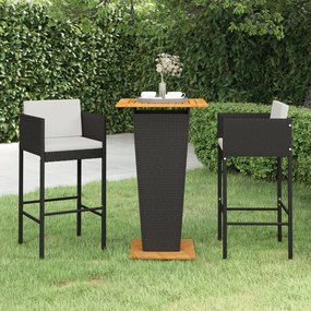 vidaXL 3 pcs conjunto bar de jardim com almofadões vime PE preto