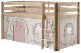 Conjunto Cama alta de Criança PINO 90 x 200 cm + estrado + escada + cortina Passaros Natural