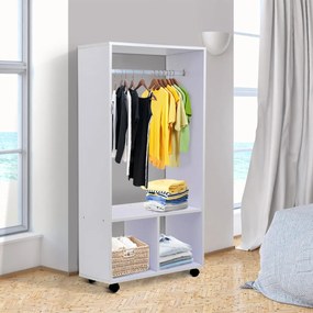 HomCom Armario Roupeiro Madeira Móvel com Trilho Estantes Organizador 60x40x128cm Branco