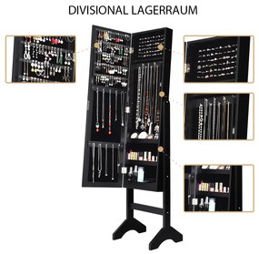 Organizador de armário para joias espelhado com luzes LED - Preto